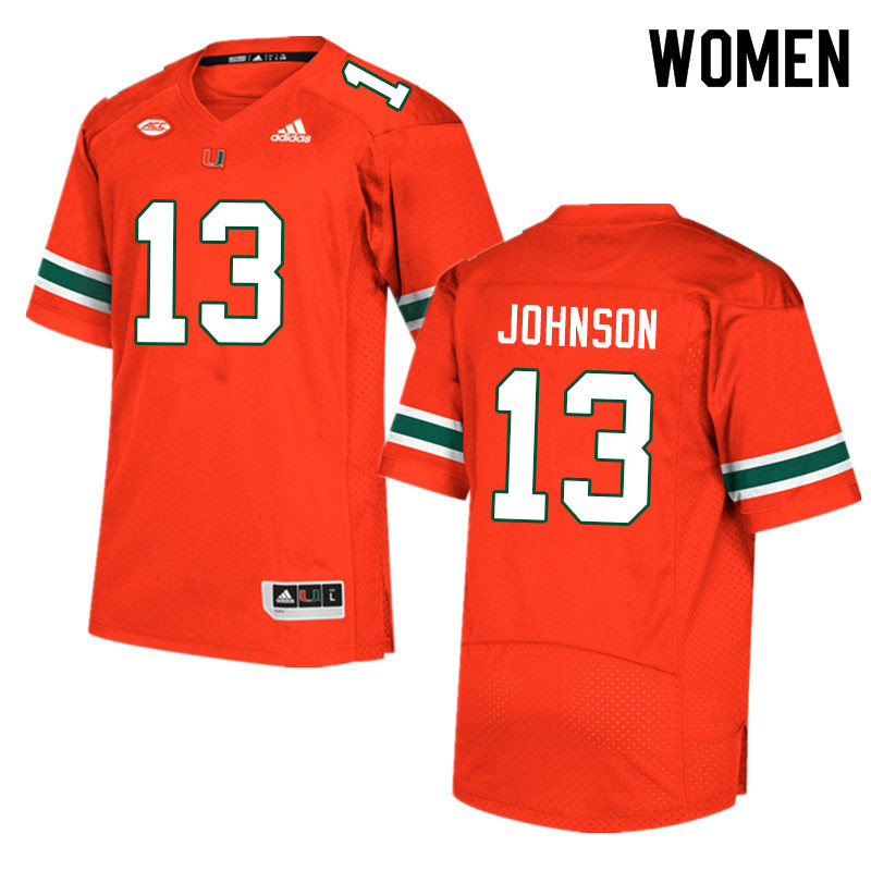 Women #13 Deandre Johnson Miami Hurricanes College Football Jerseys Sale-Orange - Click Image to Close